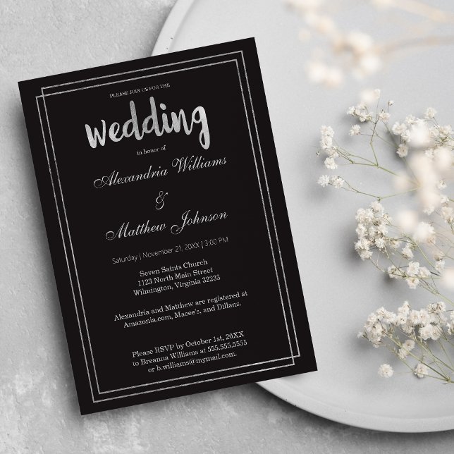 Cartão Postal De Convite Casamento mínimo moderno e elegante de prata preta (Minimal Modern Elegant Chic Black Silver Wedding )
