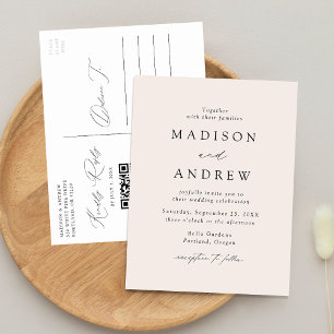 Cartão Postal De Convite Casamento Moderno Código QR Elegante Creme