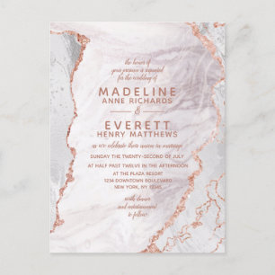 Cartão Postal De Convite Casamento Moderno do Agate Marble Foil, Branco e R