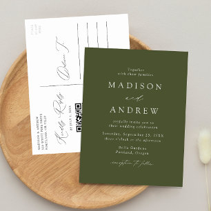 Cartão Postal De Convite Casamento Moderno Elegante com Código QR Verde Oli