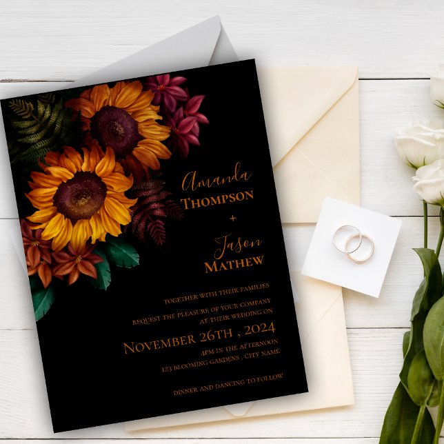 Cartão Postal De Convite Casamento Moderno Floral Laranja Vibrante Preto Qu (Vibrant Black Burnt Orange Floral Modern Wedding Invitation Postcard)