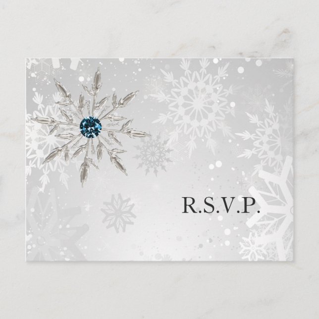 Cartão Postal De Convite casamento no inverno rsvp prateado aqua snowflakes (Frente)