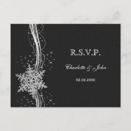 Cartão Postal De Convite casamento no inverno RSVP preto Silver Snowflakes
