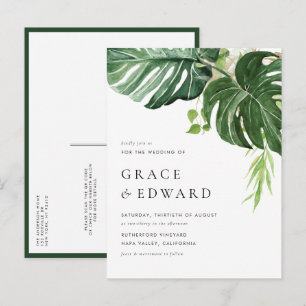Cartão Postal De Convite Casamento QR Code Monstera Aquarela Tropical