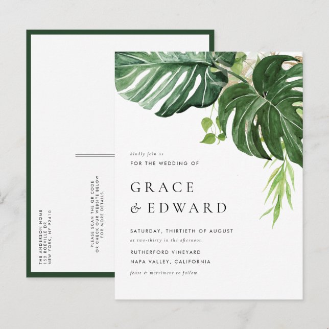 Cartão Postal De Convite Casamento QR Code Monstera Aquarela Tropical (Frente/Verso)