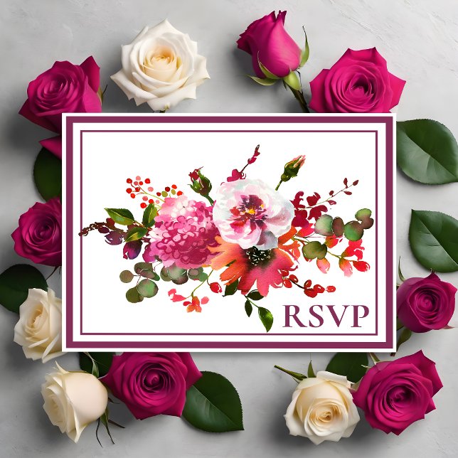 Cartão Postal De Convite Casamento Rosa Magenta Coral Floral RSVP (Criador carregado)