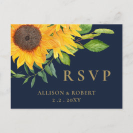 Cartão Postal De Convite Casamento Russo de Girassol Azul Marinho de Aquare