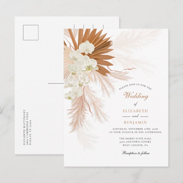 Cartão Postal De Convite Casamento Russo De Pampas Grass Floral Tan (Frente/Verso)