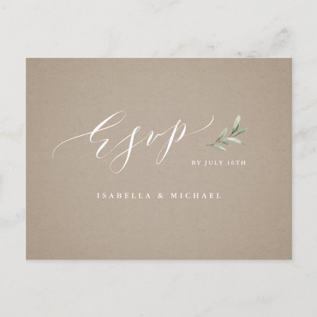 Cartão Postal De Convite Casamento russo de verde-caligrafia Kraft RSVP (Frente)