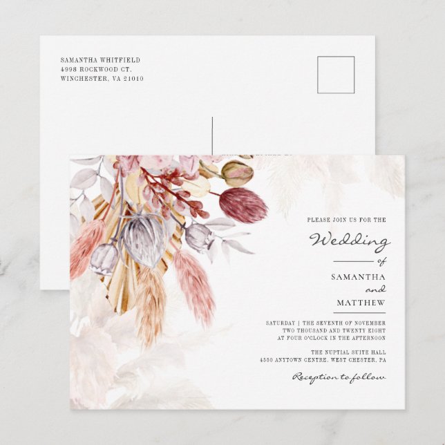 Cartão Postal De Convite Casamento Russo Terracotta Floral de Pampas Grass (Frente/Verso)