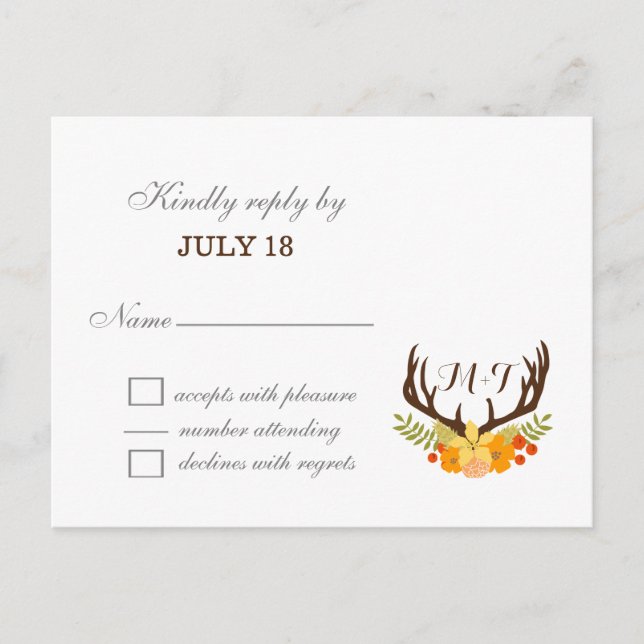 Cartão Postal De Convite Casamento Rustic Antler Deer Floral Woodland (Frente)