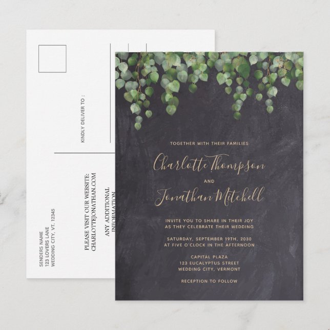 Cartão Postal De Convite Casamento Rustic Chalkboard Eucalyptus Greenery (Frente/Verso)