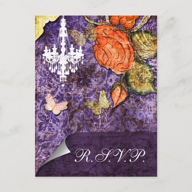 Cartão Postal De Convite Casamento Rustic Chic Purple Rosa (Frente)