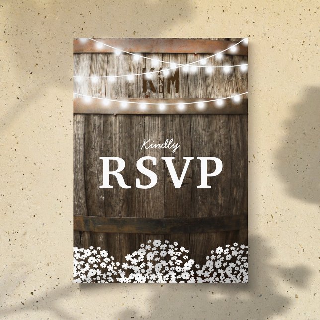 Cartão Postal De Convite Casamento Rustic Country | String de luzes RSVP (Criador carregado)