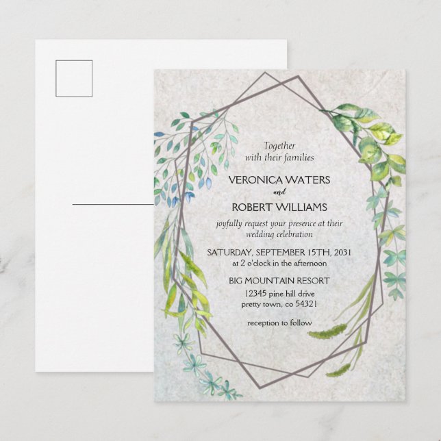 Cartão Postal De Convite Casamento Rustic Eucalyptus Watercolor Greenery (Frente/Verso)