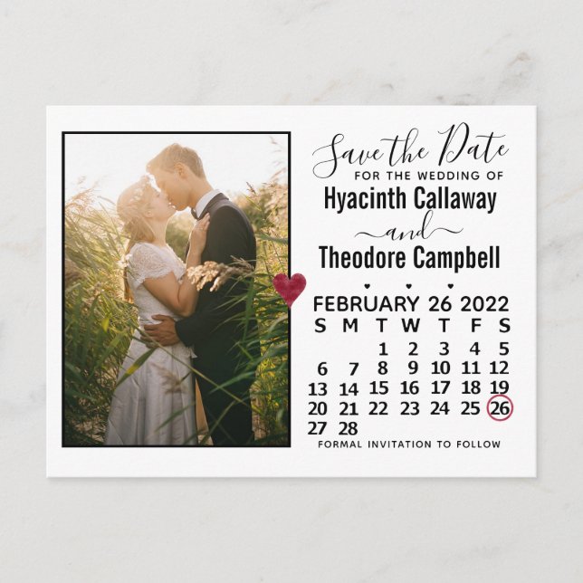 Cartão Postal De Convite Casamento Salve a Data Calendário de fevereiro de  (Frente)