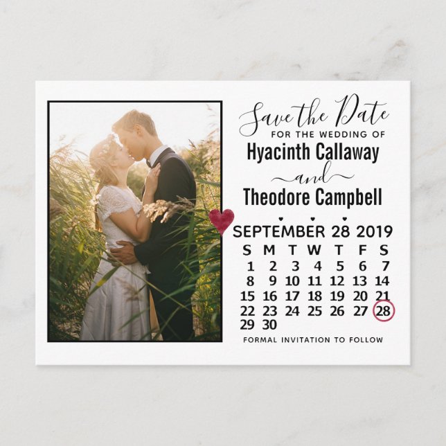 Cartão Postal De Convite Casamento Salve a Data Calendário de setembro de 2 (Frente)
