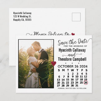 Cartão Postal De Convite Casamento Salve a data Calendário outubro de 2024 