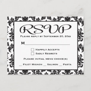 Cartão Postal De Convite Casamento tema damasco / Partido RSVP Preto E Bran