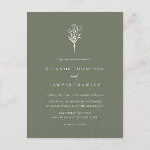 Cartão Postal De Convite Casamento Verde de Taupe, Buquê Floral Minimalista