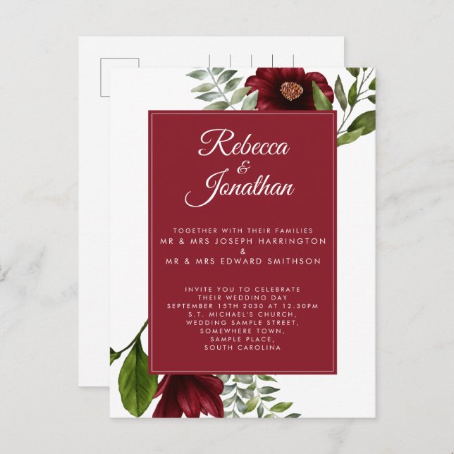 Cartão Postal De Convite Casamento Vermelho Floral Burgundy (Frente/Verso)