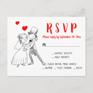 Cartão Postal De Convite Casamento Vermelho RSVP Cartoon Noiva Noivo Vintag