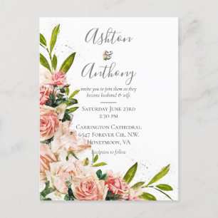 Cartão Postal De Convite Casamento vintage Floral Russo Blush