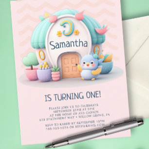 Cartão Postal De Convite Casinha com dragão Menina Bebê Aniversário