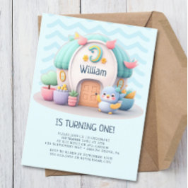 Cartão Postal De Convite Casinha com dragão Menino Bebê Aniversário