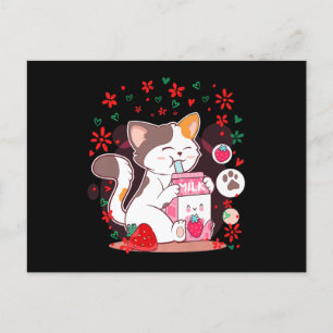 Cartão Postal De Convite Cat Boba Shake Strawberry milk