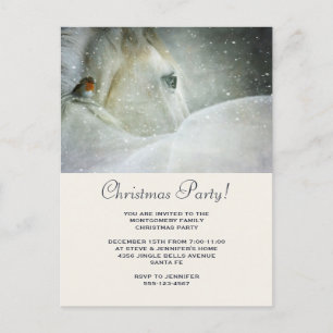 Cartão Postal De Convite Cavalo branco e pássaro em um Natal de inverno