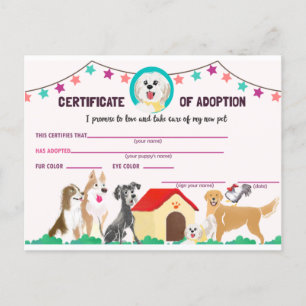 Cartão Postal De Convite Certificado de Adoção de Pupppy para Pet