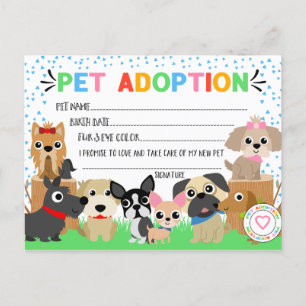 Cartão Postal De Convite Certificado de Adoção Pupppy para Adoção Pet