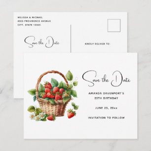 Cartão Postal De Convite Cesta Fofa Cheia de Morangos Salve a Data