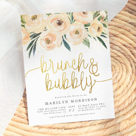 Cartão Postal De Convite Chá de Bebê & Bubbly com Caligrafia Dourada Floral