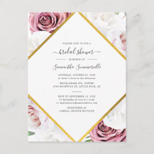 Cartão Postal De Convite Chá de Bebê Floral Rosa Dourado Geométrico Moderno