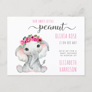 Cartão Postal De Convite Chá de Bebê Floral Rosa Elefante