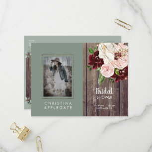 Cartão Postal De Convite Chá de Bebê Floral Vinho & Blush Sage Foto Casamen