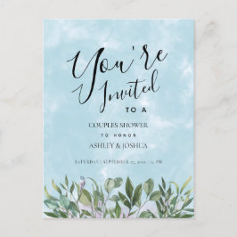 Cartão Postal De Convite Chá de Casais de Aquarela Azul Eucalyptus