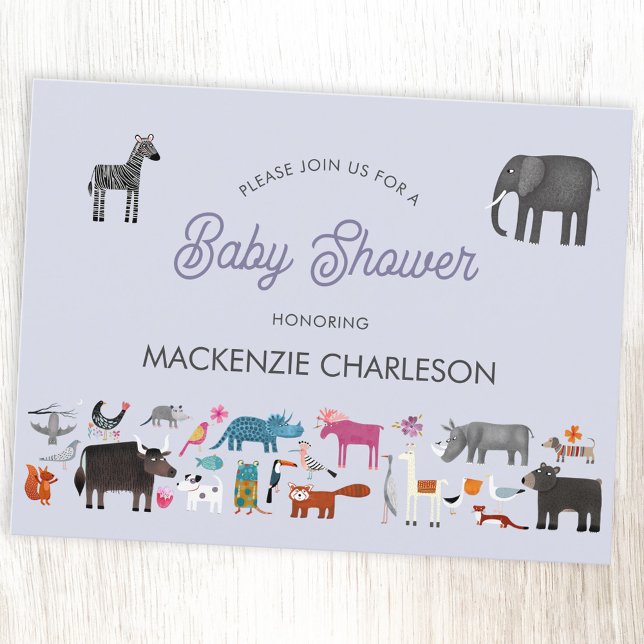 Cartão Postal De Convite Chá de fraldas animal divertido (Animal personalized baby shower invitation, with safari, jungle, wild, zoo & pet animals and birds)