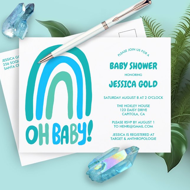 Cartão Postal De Convite Chá de fraldas Azul-Arco-Íris Doce PERSONALIZADO (OH BABY SHOWER Sweet Blue Rainbow CUSTOM Invitation Postcard Baby Shower Baby SPrinkle Cute)