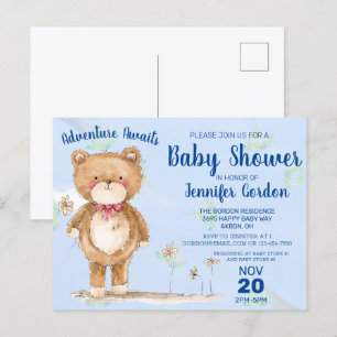 Cartão Postal De Convite Chá de fraldas Azul do Urso da Madeira Doce
