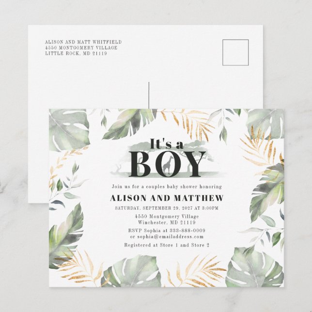 Cartão Postal De Convite Chá de fraldas da Selva Selva Caçari Giraffe (Frente/Verso)