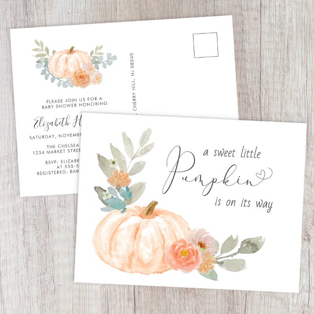 Cartão Postal De Convite Chá de fraldas de Aquarela de Pumpkin Doce (Criador carregado)