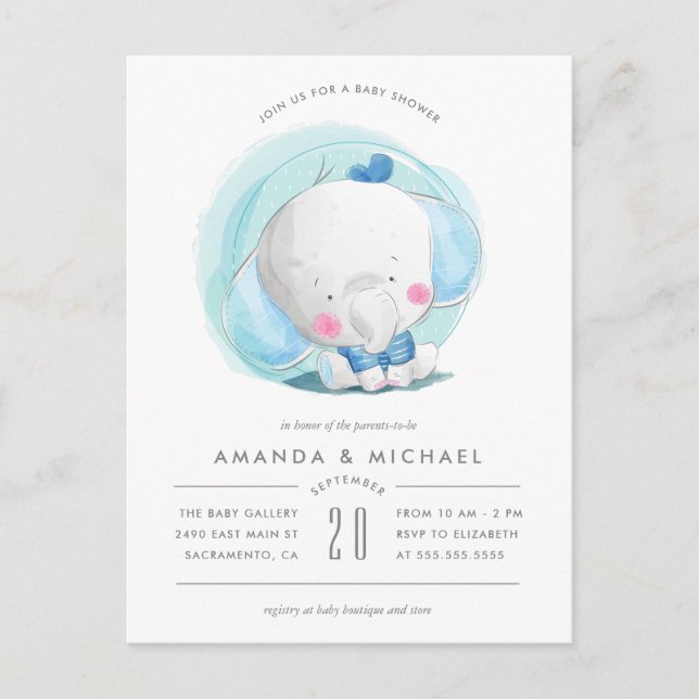 Cartão Postal De Convite Chá de fraldas de Elefante Blue Boy Whimsy Waterco (Frente)