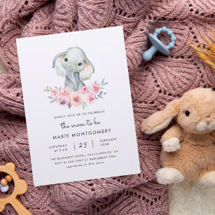 Cartão Postal De Convite Chá de fraldas de Elefante Buquê Floral Bonito