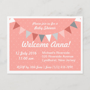Cartão Postal De Convite Chá de fraldas de revestimento rosa