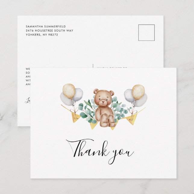 Cartão Postal De Convite Chá de fraldas De Urso Bonito Obrigado (Frente/Verso)