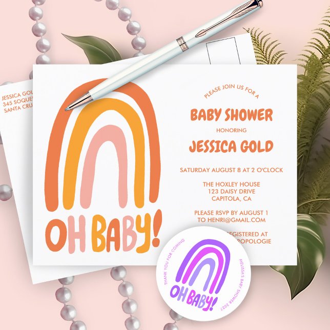 Cartão Postal De Convite Chá de fraldas Doce Laranja Arco-Íris PERSONALIZAD (OH BABY SHOWER Sweet Orange Rainbow CUSTOM Baby Shower SPrinkle Invitation Postcard
)