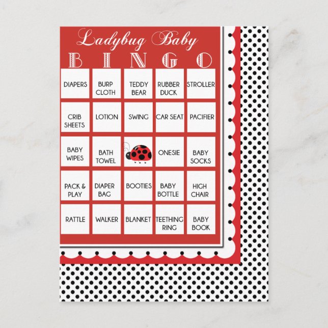 Cartão Postal De Convite Chá de fraldas Ladybug Polkadots Cartão Bingo 20 (Frente)
